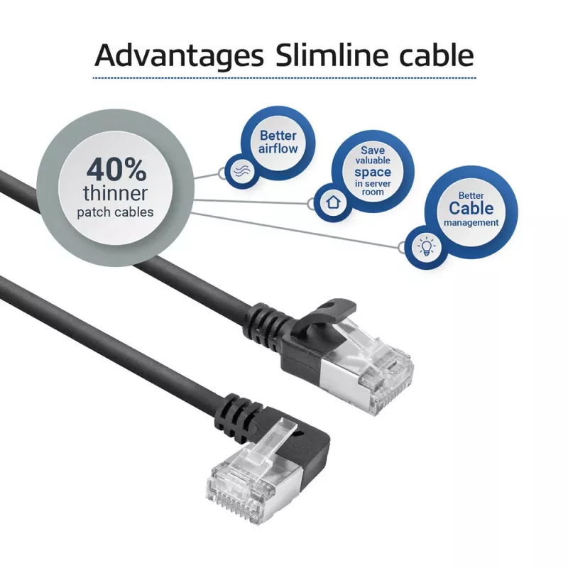 ACT Schwarz 0,15 m U/FTP CAT6A LSZH Slimline-Patchkabel mit RJ45-Steckern, 90° abgewinkelt links auf gerade