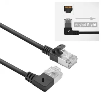 ACT schwarz 0,5 m U/FTP CAT6A LSZH Slimline Patchkabel mit RJ45-Steckern 90° abgewinkelt rechts auf gerade