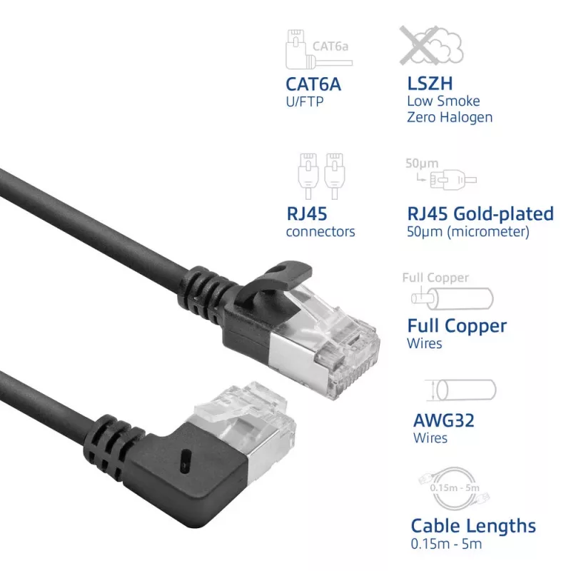 ACT Schwarz 1 m U/FTP CAT6A LSZH Slimline-Patchkabel mit RJ45-Steckern 90° abgewinkelt rechts auf gerade