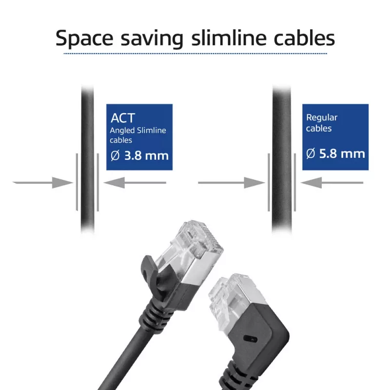 ACT Schwarz 2 m U/FTP CAT6A LSZH Slimline Patchkabel mit RJ45-Steckern, 90° abgewinkelt rechts auf gerade