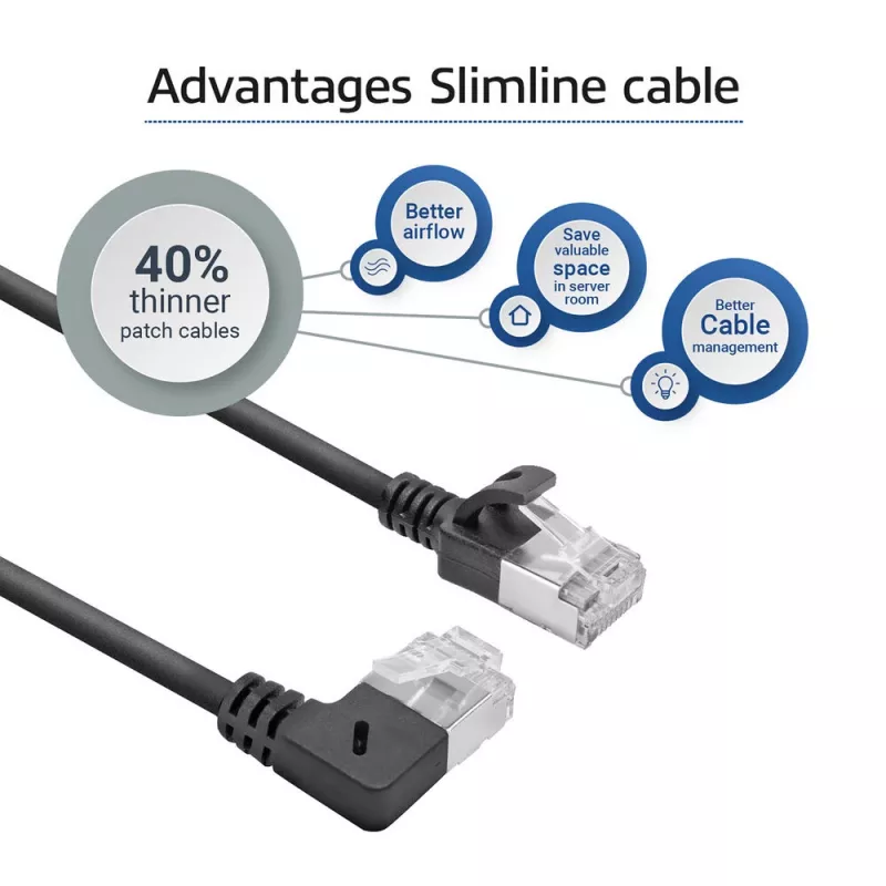 ACT Schwarz 2 m U/FTP CAT6A LSZH Slimline Patchkabel mit RJ45-Steckern, 90° abgewinkelt rechts auf gerade