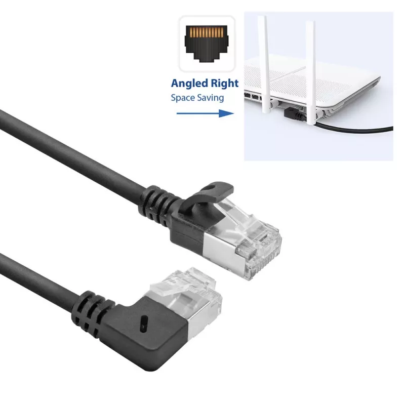 ACT Schwarz 0,25 Meter U/FTP CAT6A LSZH Slimline-Patchkabel mit RJ45-Steckern, 90° abgewinkelt rechts auf gerade