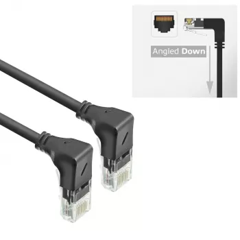 ACT Schwarz 0,25 Meter U/UTP CAT6A LSZH Slimline Patchkabel mit RJ45-Steckern 90° abgewinkelt nach unten auf 90° abgewinkelt nach unten