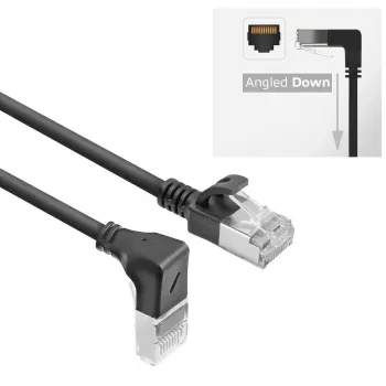 ACT Schwarz 2 m U/FTP CAT6A LSZH Slimline Patchkabel mit RJ45-Steckern 90° abgewinkelt nach unten auf gerade