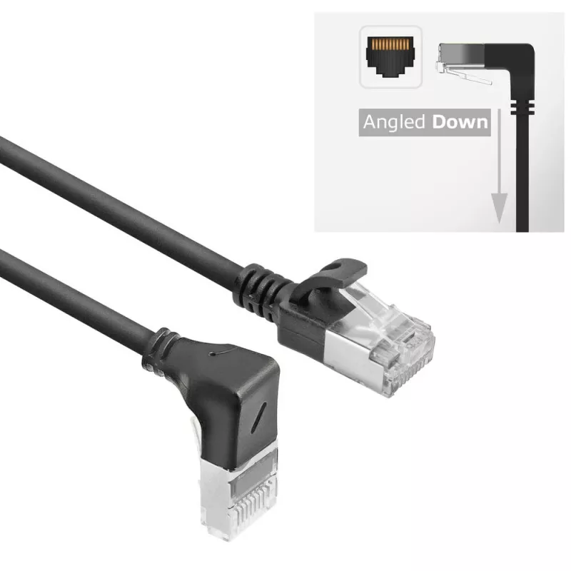 ACT Schwarz 2 m U/FTP CAT6A LSZH Slimline Patchkabel mit RJ45-Steckern 90° abgewinkelt nach unten auf gerade