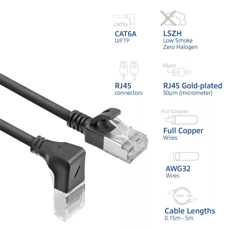 ACT schwarz 5 m U/FTP CAT6A LSZH Slimline-Patchkabel mit RJ45-Steckern 90° abgewinkelt (nach unten) zu gerade