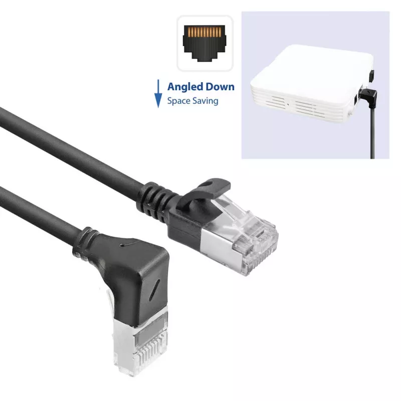 ACT Schwarz 0,25 Meter U/FTP CAT6A LSZH Slimline-Patchkabel mit RJ45-Steckern 90° abgewinkelt nach unten auf gerade