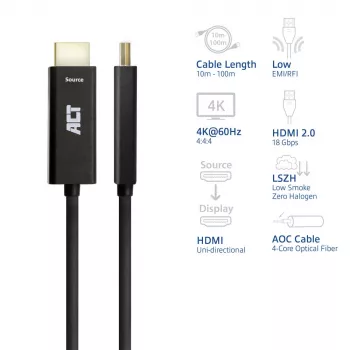 ACT HDMI Active Optical Kabel 70 m — Premium High Speed 4K v2.0, HDMI-A Stecker auf HDMI-A Stecker, 18 Gbit/s, LSZH, Schwarz