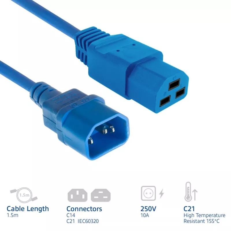 Netzkabel ACT C14 auf C21 IEC60320 blau 1,5 m, 250 V 10 A