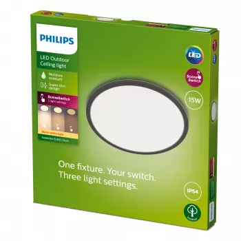 Philips Superslim Deckenleuchte 15W, Schwarz, Metall, Kunststoff, IP54, Terrasse, Garten, II, Modern