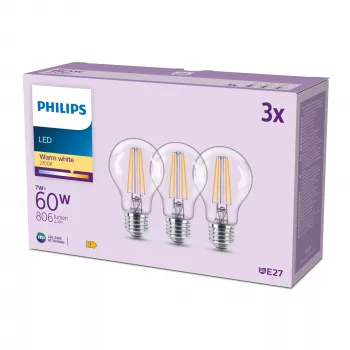 Philips Filament Bulb Clear 60 W A60 E27 x3, 7 W, 60 W, E27, 806 lm, 15000 h, Warmweiß