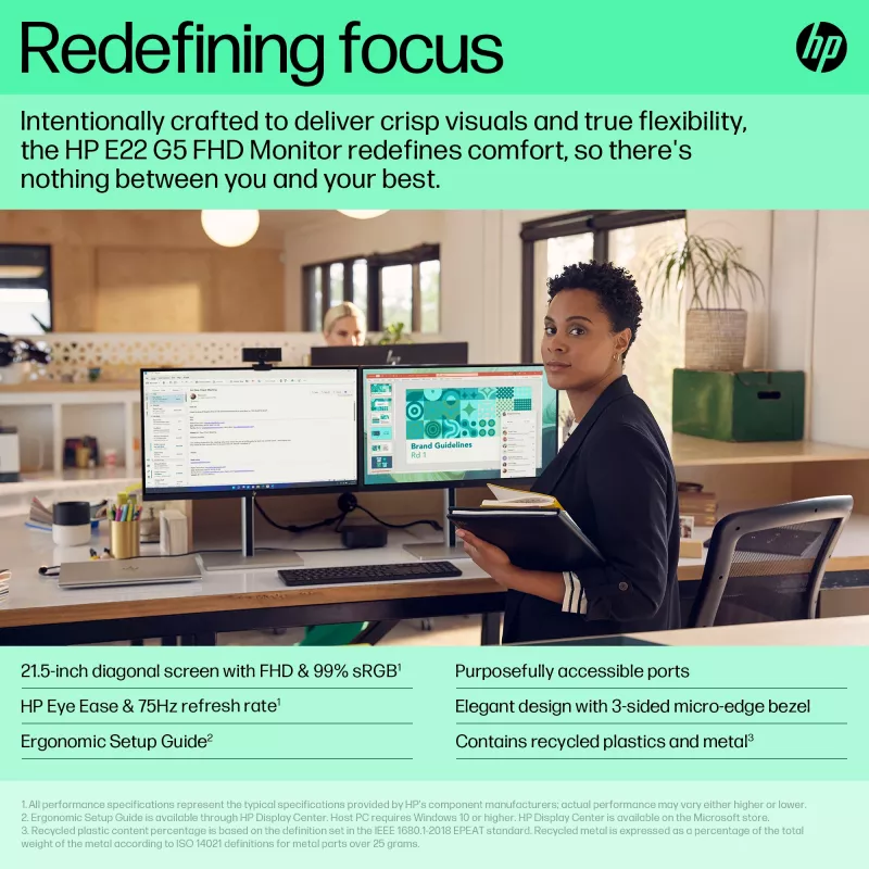 HP E-Series E22 G5 FHD Monitor, 54,6 cm (21,5 Zoll), Full HD, LCD, 5 ms (generalüberholt)