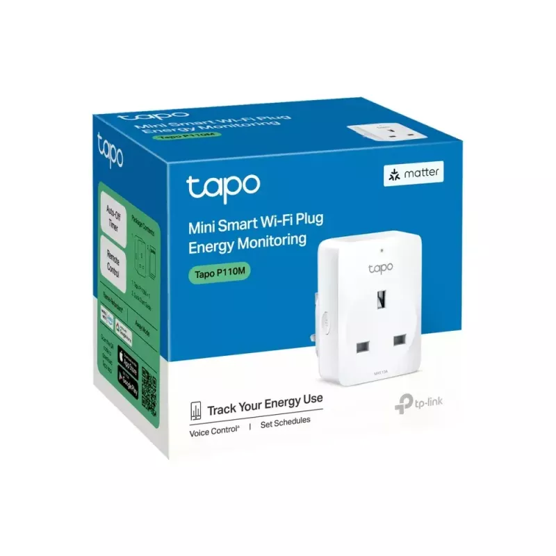 Smarte Steckdose TP‑Link Tapo Mini P110M — Wi‑Fi/Bluetooth Smart-Steckdose für Innenräume, 16 A, 100–240 V, 3680 W, weiß