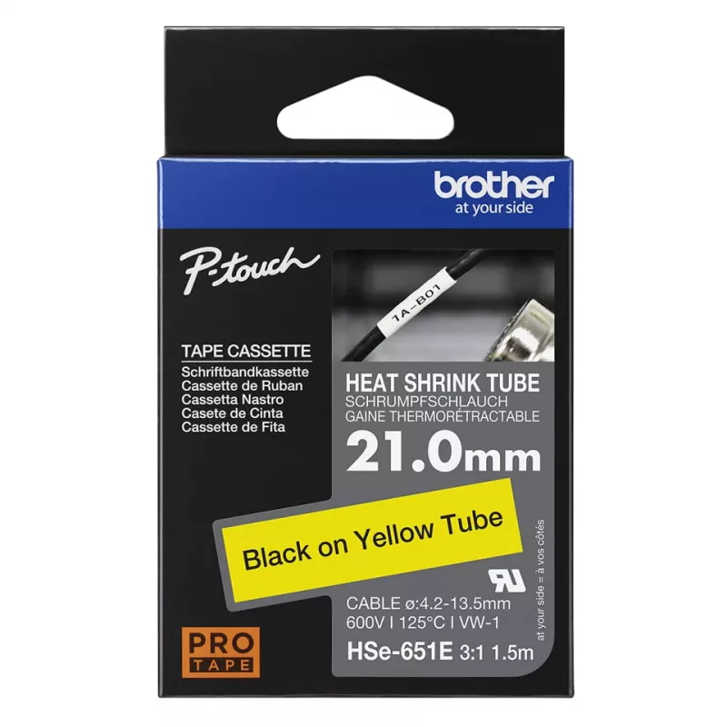 Brother HSe-651E Wärmeschrumpfschlauch, 21 mm x 1,5 m, Schwarz auf Gelb