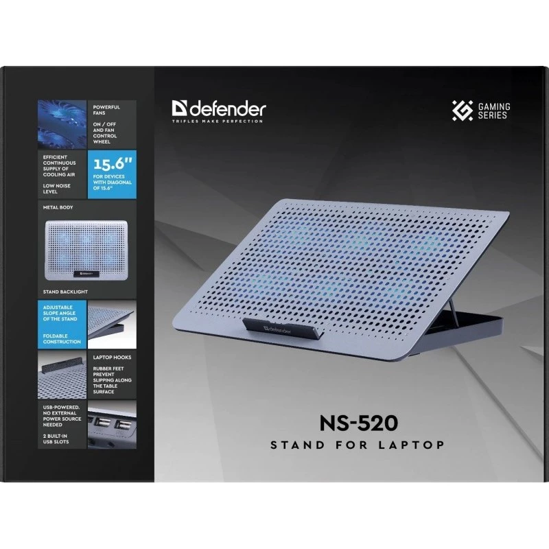Laptop-Kühlpad DEFENDER NS-520 für 15,6-Zoll-Laptops, Metallgehäuse, 6 Lüfter, 2x USB, Beleuchtung