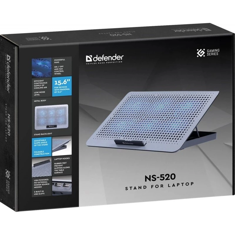 Laptop-Kühlpad DEFENDER NS-520 für 15,6-Zoll-Laptops, Metallgehäuse, 6 Lüfter, 2x USB, Beleuchtung