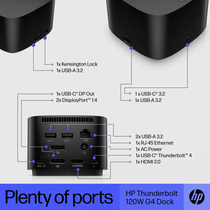 HP Thunderbolt Dock 120W G4, Kensington, China, Thailand, Taiwan, Business, Windows 10, Windows 11, MacOS, 98 mm