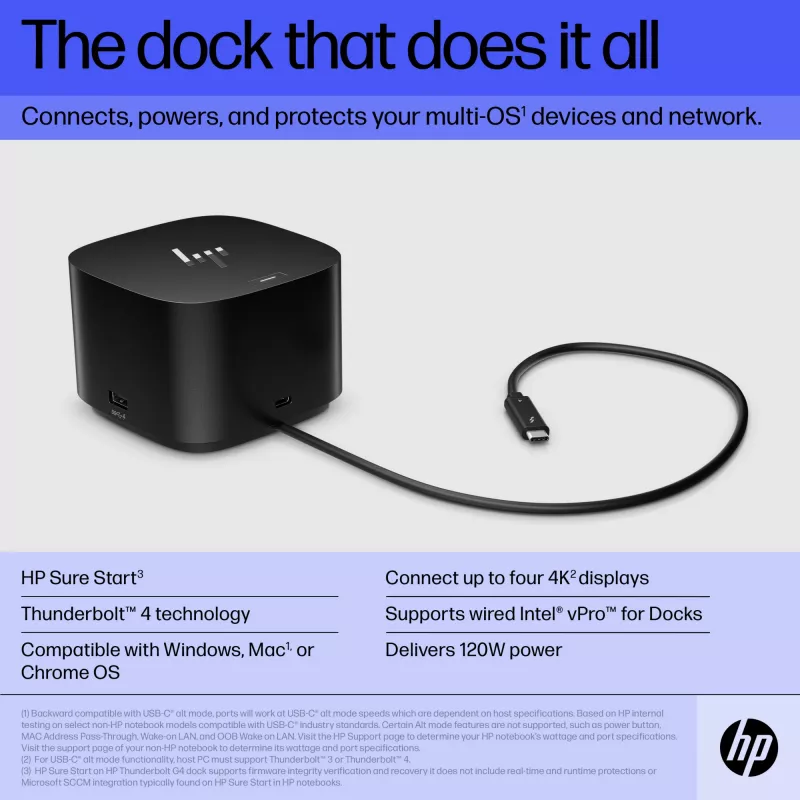 HP Thunderbolt Dock 120W G4, Kensington, China, Thailand, Taiwan, Business, Windows 10, Windows 11, MacOS, 98 mm