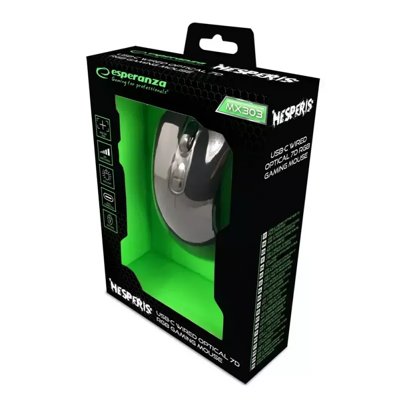 Gaming-Maus ESPERANZA EGM303 USB Type-C, optisch 2400 DPI, 7 Tasten, RGB, rechtshändig, schwarz