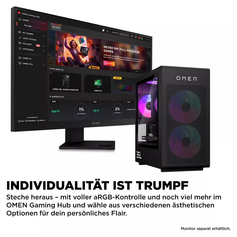 OMEN Desktop Gaming PC GT16-1173ng - AMD Ryzen 7 9800X3D, 64GB RAM, 2TB SSD, Radeon 9700 XT 16G, Windows 11 Home