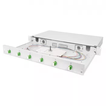 Glasfaser-Spleißbox DIGITUS DN-96330/9APC 1U, bestückt mit 6x LC-APC DX, OS2, Polymer/Stahl, hellgrau