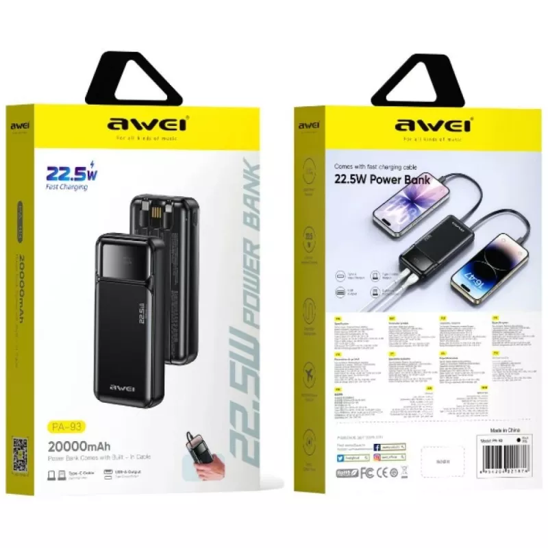 Powerbank Awei PA-93 20000mAh 22,5W PD mit integriertem Ladekabel