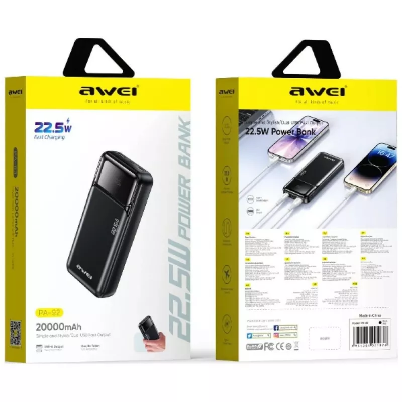 Powerbank Awei PA-92 20000mAh 22,5 W PD mit 2x USB-C-Anschlüssen