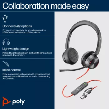 HP Poly Blackwire 8225 USB-C-Headset, kabelgebunden, Büro/Callcenter, 185 g, Headset, Schwarz