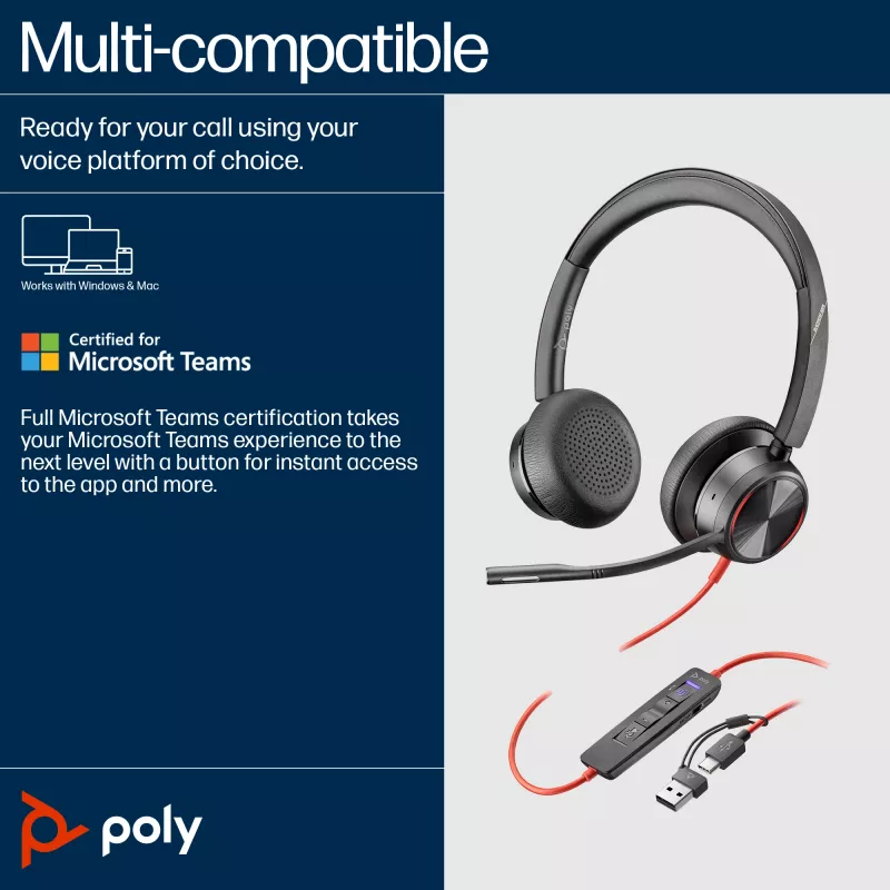 HP Poly Blackwire 8225 USB-C-Headset, kabelgebunden, Büro/Callcenter, 185 g, Headset, Schwarz