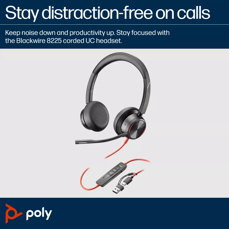 HP Poly Blackwire 8225 USB-C-Headset, kabelgebunden, Büro/Callcenter, 185 g, Headset, Schwarz