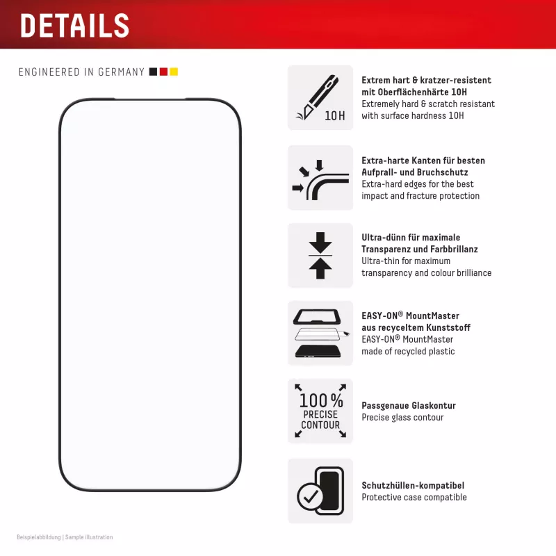 Displayschutz e.v.i. Displex iPhone 17 Pro Premium mit Montagehilfe – kratzfest, transparent/schwarz