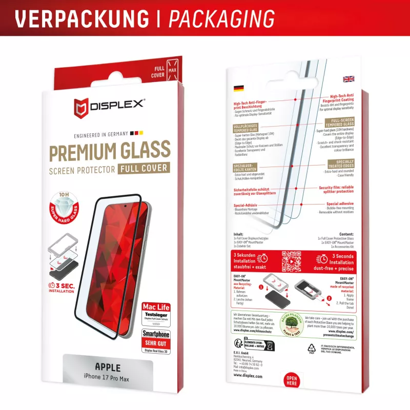 Displayschutzfolie e.v.i. Displex Premium für iPhone 17 Pro Max mit Mount Master (kratz- und schmutzabweisend, transparent/schwarz)