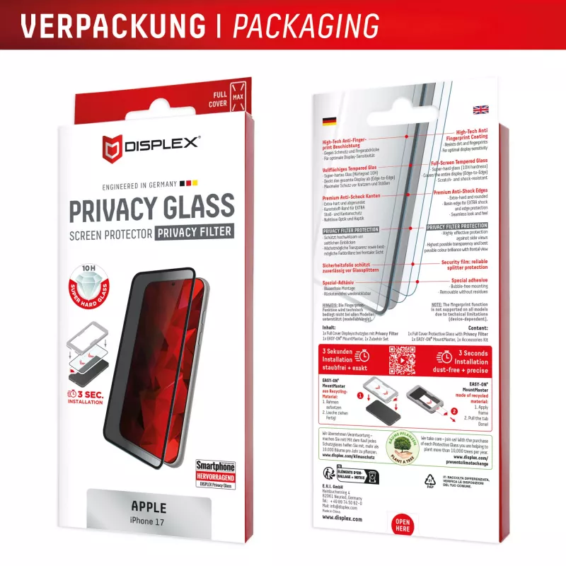 Displex Sichtschutz-Displayschutzfolie (10H) für Apple iPhone 17 — Gehärtetes Glas, Blickschutzfilter, kratzfest, stoßfest