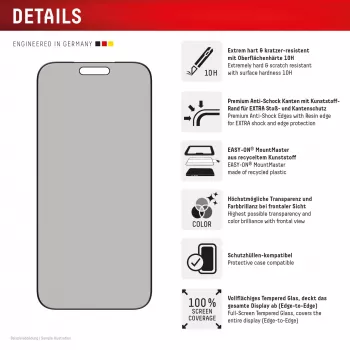 Privacy Displayschutzglas aus gehärtetem Glas e.v.i. Displex (10H) für Apple iPhone 17 Pro Max, Blickschutzfilter