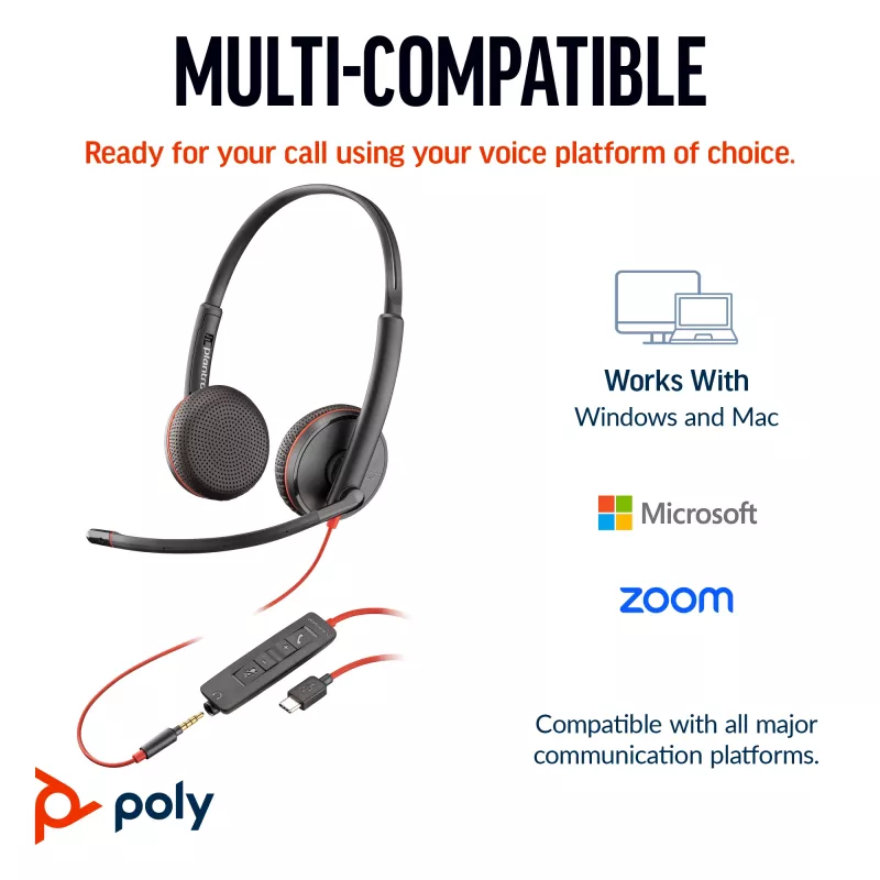 HP Poly Blackwire 3225 Stereo USB-C Headset +3,5-mm-Klinke +USB-C/A-Adapter (Bulk)