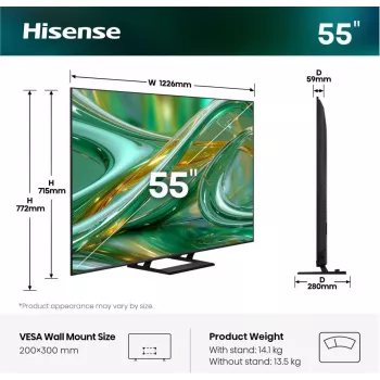 TV Hisense 55E8S 55 Zoll (139,7 cm) QLED Mini LED 4K Ultra HD Smart TV HomeOS Wi‑Fi Grau 400 cd/m²