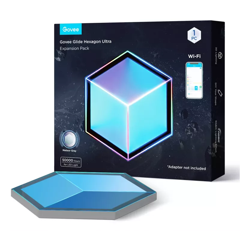 Smartes Wandleuchten-Set Govee Glide Hexagon Light Panels Ultra Erweiterungspack – Wi-Fi/Bluetooth, 36 V Eingang, grau