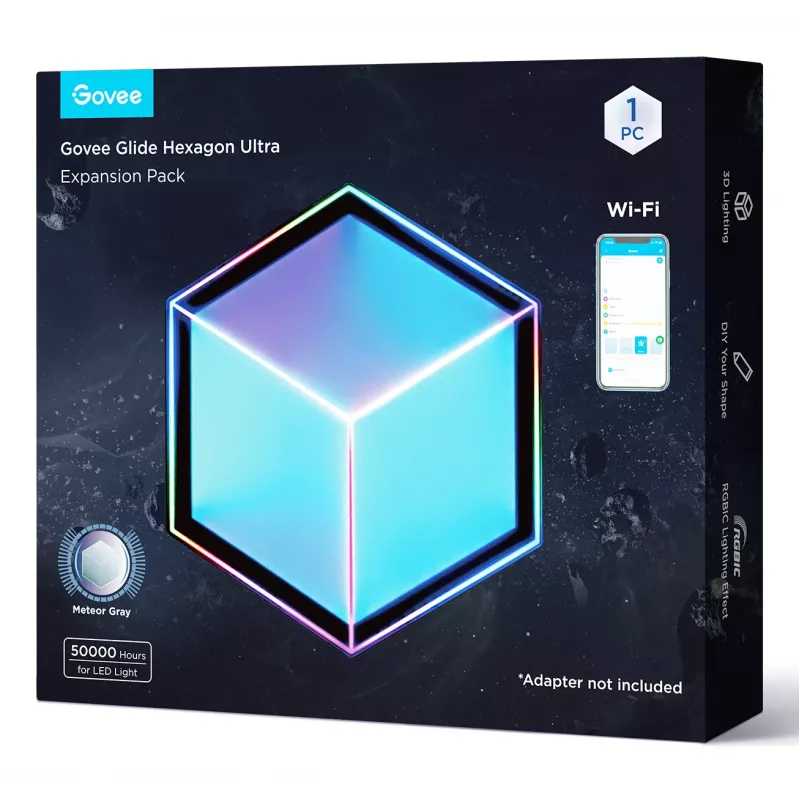 Smartes Wandleuchten-Set Govee Glide Hexagon Light Panels Ultra Erweiterungspack – Wi-Fi/Bluetooth, 36 V Eingang, grau