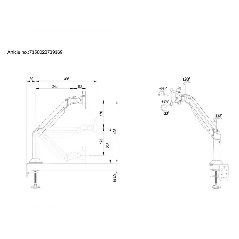 Multibrackets M VESA Gas Lift Arm Schreibtisch- oder Wandhalterung Basic Schwarz Klemme/Durchschraubmontage 10 kg