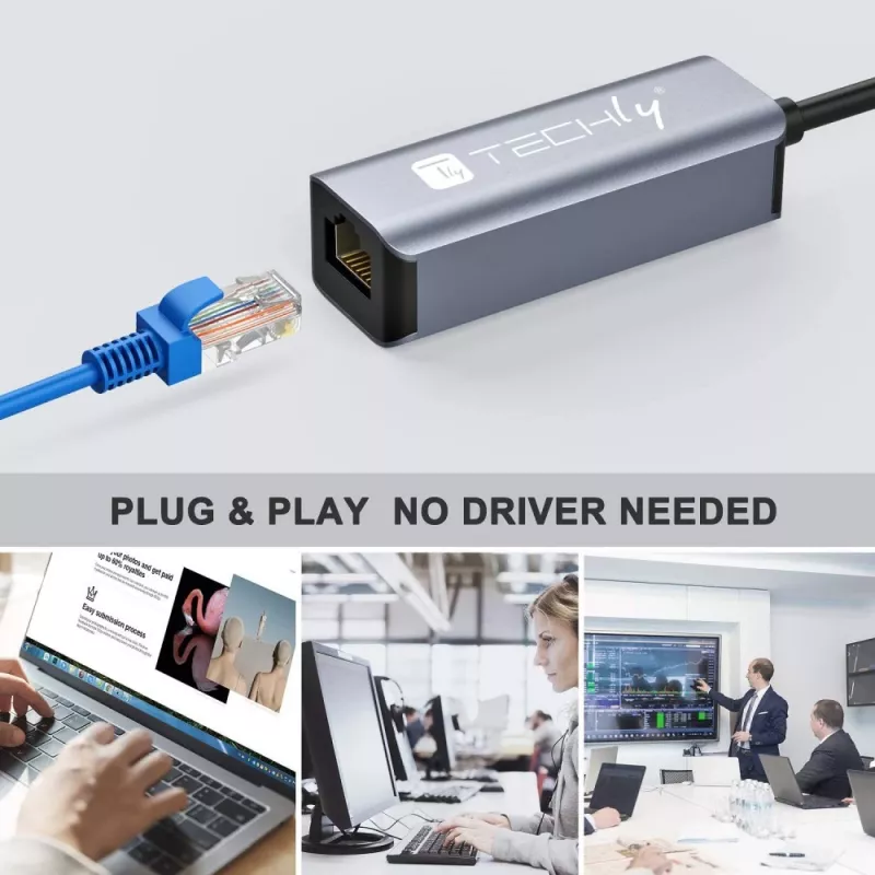 Techly IDATA USB-ETGIGA-AA Laptop-Dockingstation/Port-Replikator Kabelgebunden USB 3.2 Gen 1 (3.1 Gen 1) Typ-A Schwarz, Silber