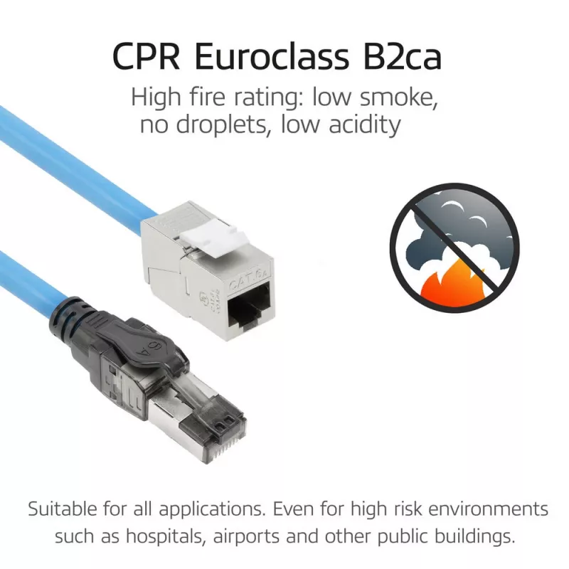 ACT Blau 65 Meter S/FTP CAT6A B2ca PoE++ 100W massives vorkonfektioniertes Installationskabel, RJ45 Stecker – Buchse