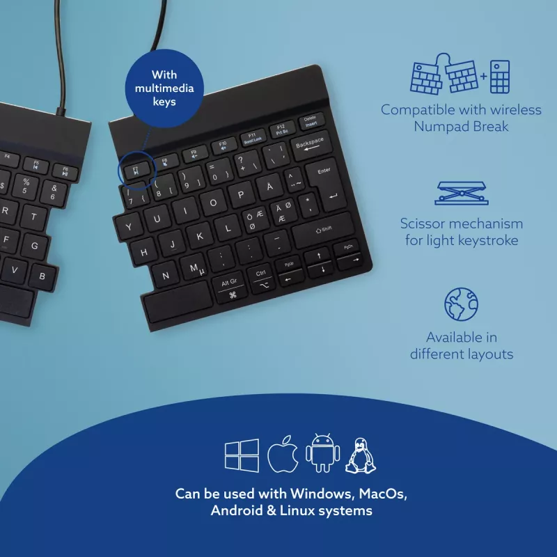 R-Go Tools Ergonomische Tastatur R-Go Split Break mit Pausensoftware, ergonomische geteilte Tastatur, QWERTY (NORDISCH), Bluetooth, schwarz