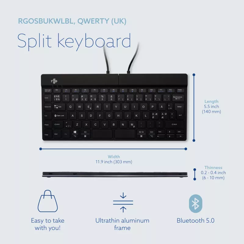 R-Go Tools Ergonomische Tastatur R-Go Split Break mit Pausensoftware, ergonomische geteilte Tastatur, QWERTY (NORDISCH), Bluetooth, schwarz