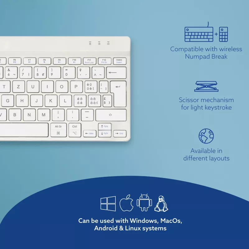 R-Go Tools Ergonomische Tastatur R-Go Compact Break, kompakte Tastatur mit Pausensoftware, QWERTZ (CH), Bluetooth, Weiß
