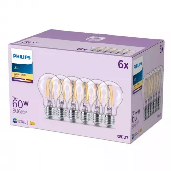 Philips Filament-Glühlampe klar 60 W A60 E27 x6, 7 W, 60 W, E27, 806 lm, 15000 h