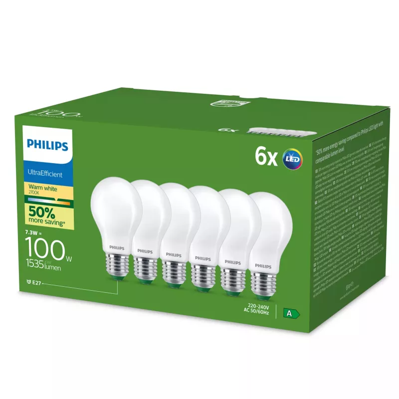 Philips Ultra Effiziente LED-Lampe E27 A60, 7,3 W (100 W Äquivalent), 2700 K, 6er-Pack