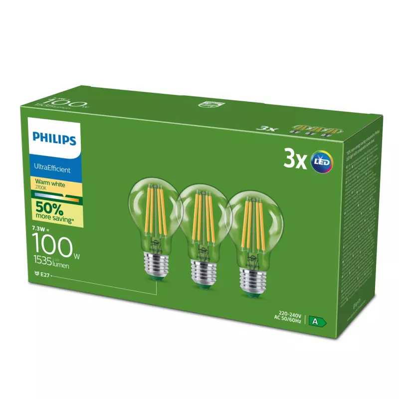 Philips Ultra Effiziente LED-Lampe E27 A60, 7,3 W (100 W Äquivalent), 2700 K, 3er-Pack