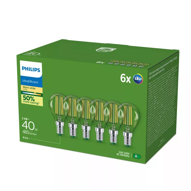 Philips Ultra Efficient LED Lampe E14 P45, 2,1 W (40 W Entsprechung), 2700 K, 6er-Pack