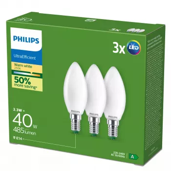 Philips Ultra Efficient LED Lampe E14 B35, 2,1 W (40 W Äquivalent), 2700 K, 3er-Pack