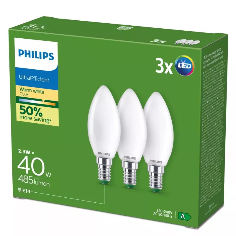 Philips Ultra Efficient LED Lampe E14 B35, 2,1 W (40 W Äquivalent), 2700 K, 3er-Pack